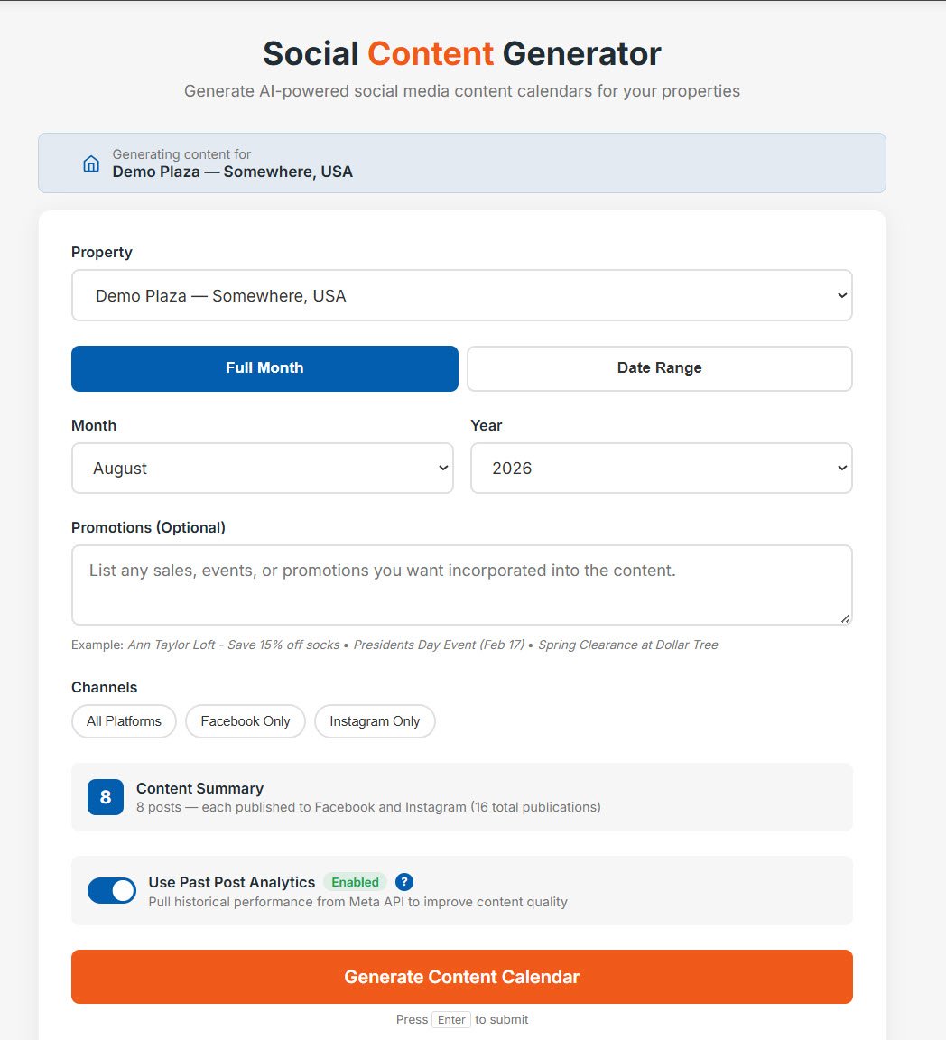 Social Content Generator Dashboard - Generate AI-powered social media content calendars